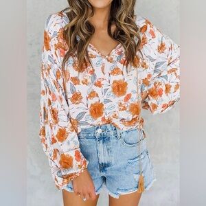 Floral V-Neck Blouse - Orange and White
